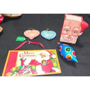 Vintage Christmas Decor Set Santa Plaque Santa Votive Holder Blue Jewelled Ornam